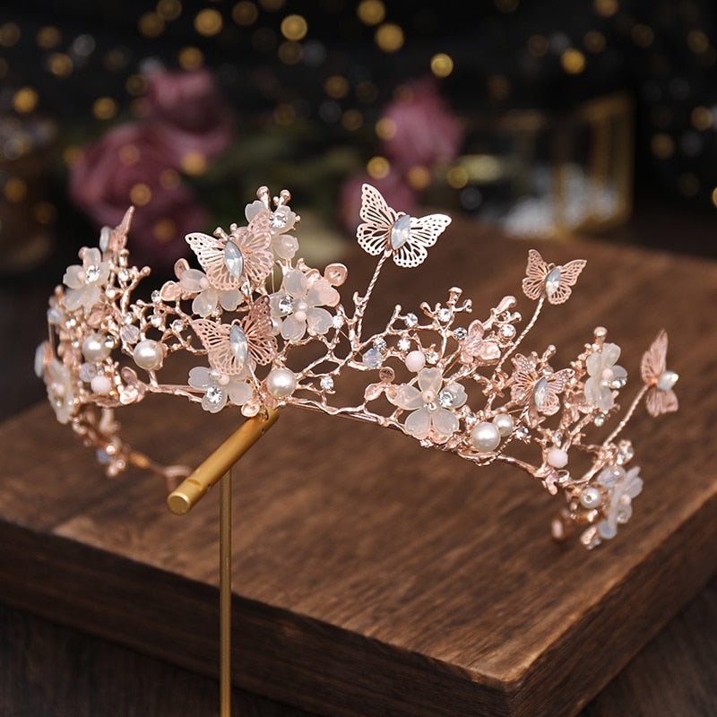 Bridal Crown Baroque Pearl Rhinestone Crown And Tiara Butterfly Hairband Wedding Hair Accessories Princess Crown Bride Tiaras