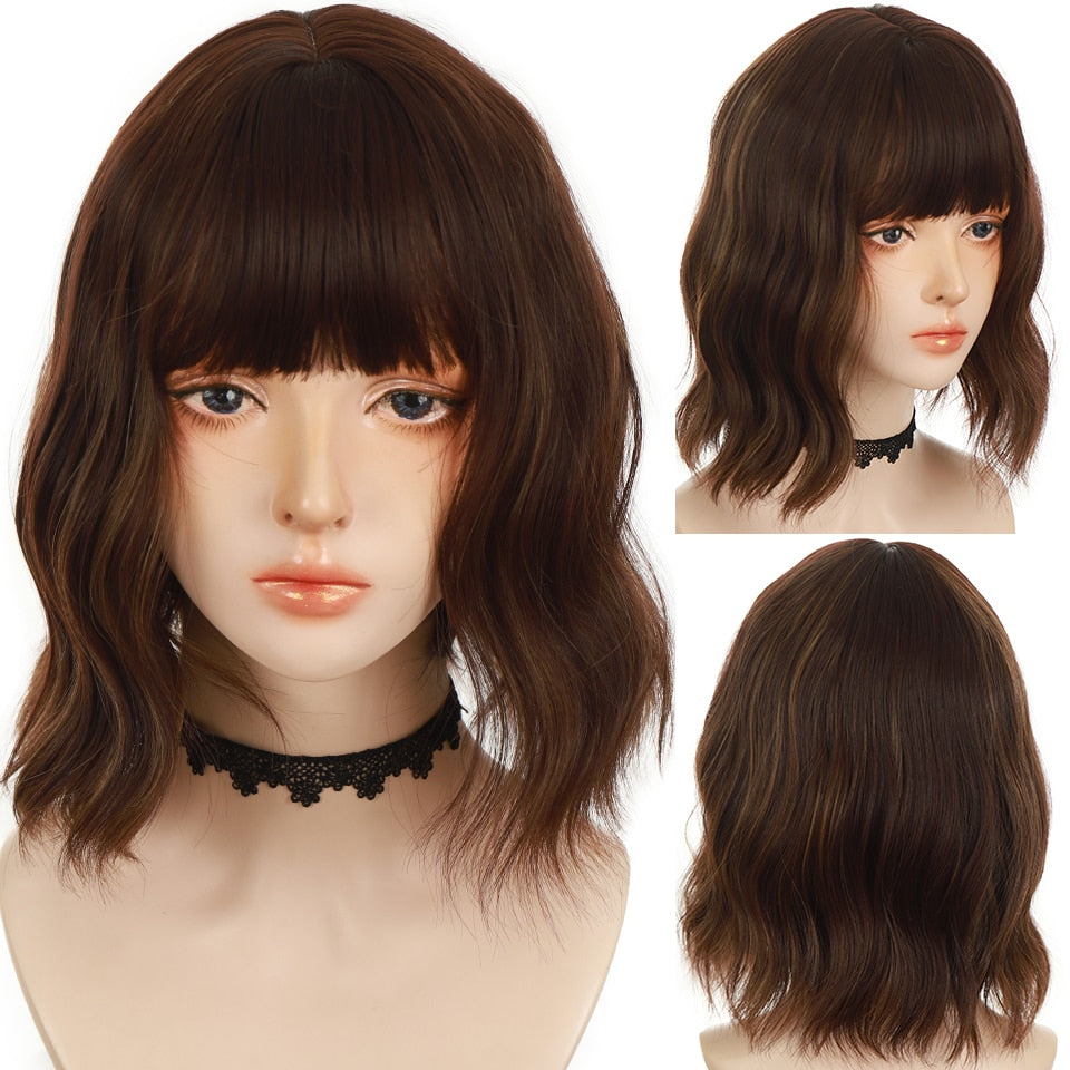 Synthetic Wigs For Women Daily Cosplay Long Water Wave  Lolita Wig With Bangs Cold Brown Heat Resistant Hair Bob Wig