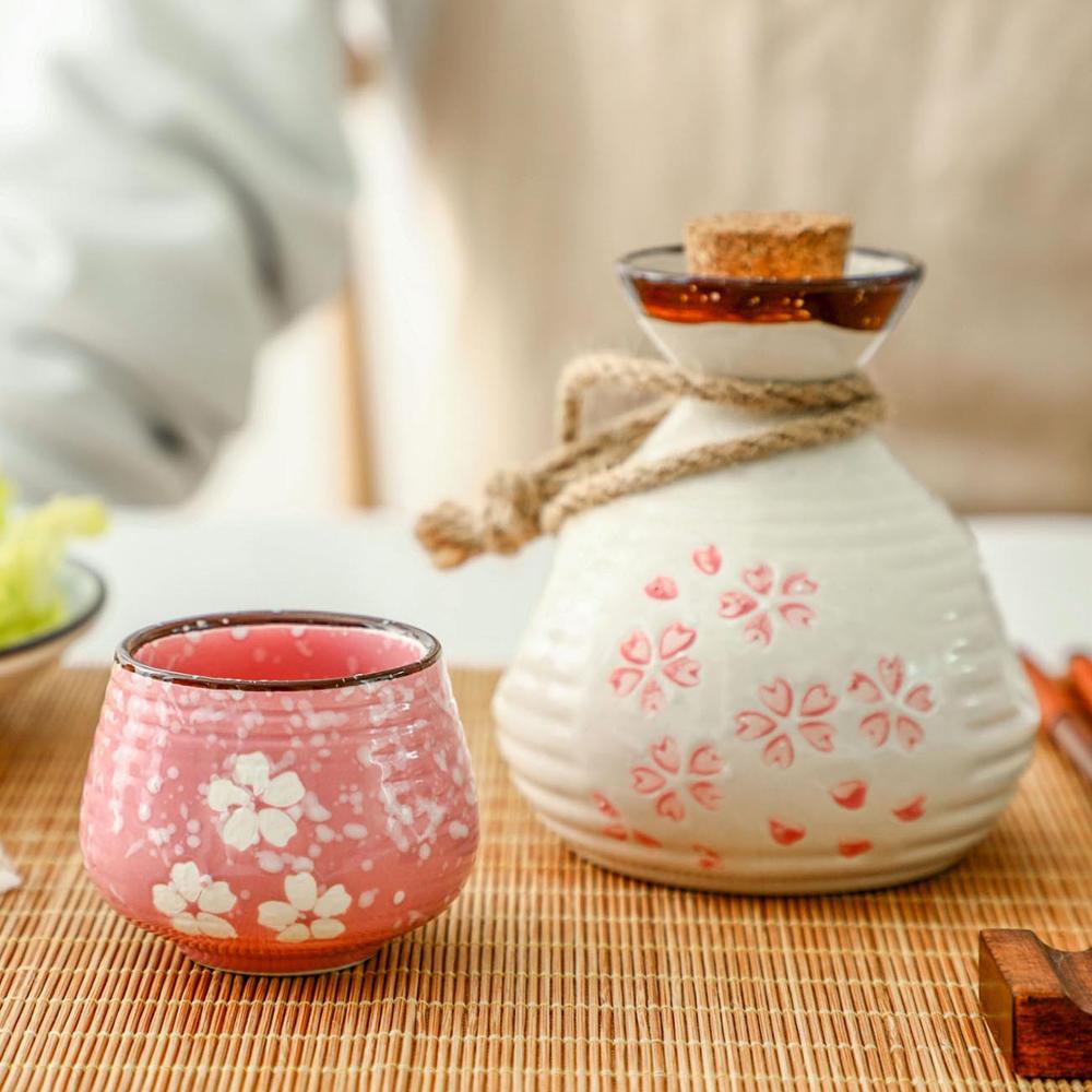 Japan Cherry Blossoms Ceramics Liquor Cup Retro Sake Cup Household Wine Set Small Wine Cellar Liquor Pot Wine Bottle