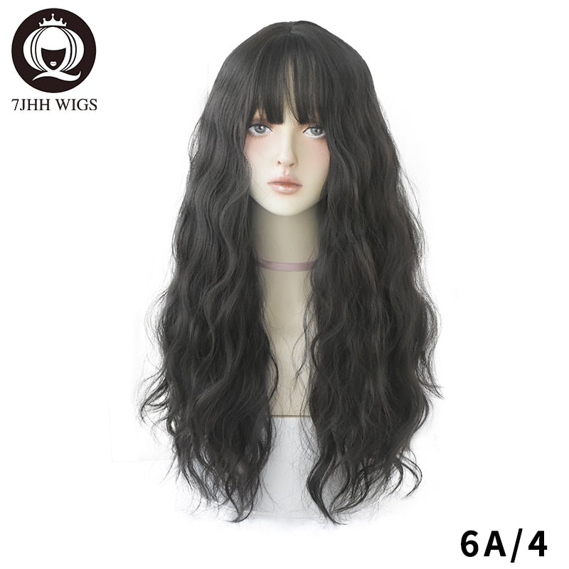 Blue Deep Wave Wig With Bangs Long Omber Brown Hair Layered Heat Resistant Cosplay Party Synthetic Wig