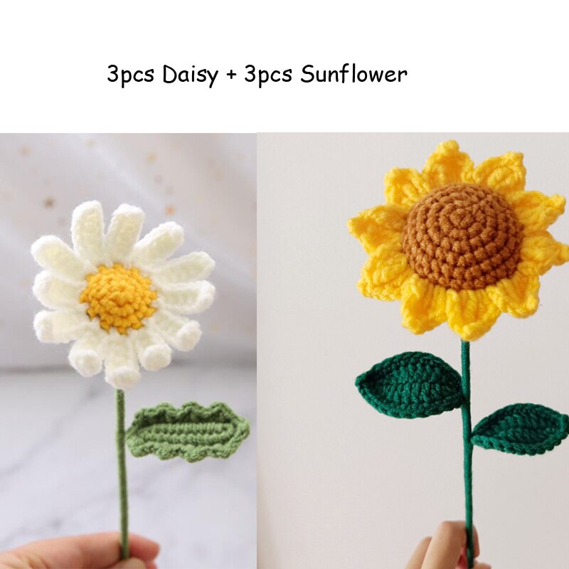 Finished 10pcs Hand-knitted Handmade Yarn Crochet Sunflower Bouquet Decorative Artificial Daisy Flowers Home Decoration