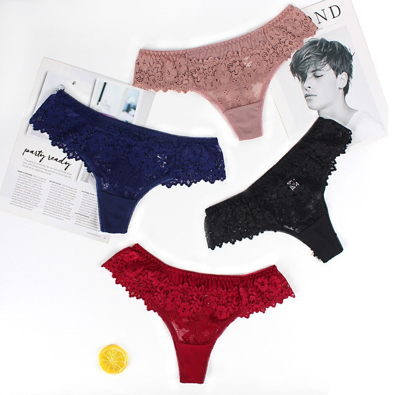 Women Sexy Lace Lingerie Temptation Low-waist Panties Embroidery Thong Transparent Hollow out Underwear G String