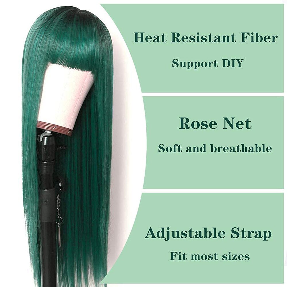 Long Straight Green Belt Bangs Ladies Synthetic Wig 26 Inches 65 Cm Cosplay Anime High Temperature And Heat Resistant Fiber Wig