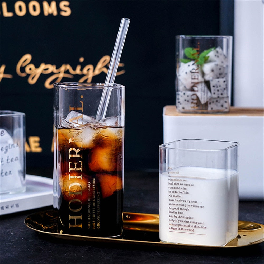 Creative Square Glass Mug Gold Letter Printing Breakfast Milk Coffee Cup Crystal Transparent Heat-resistant Home Drinkware