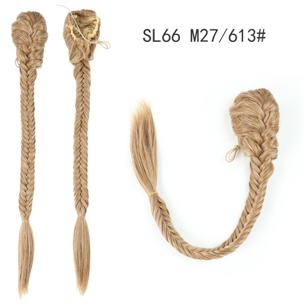 Synthetic Braided Plaited Fishtail Fishbone Drawstring Ponytail 20Inch Long Ombre Blonde Pink Hair Extensions For Women