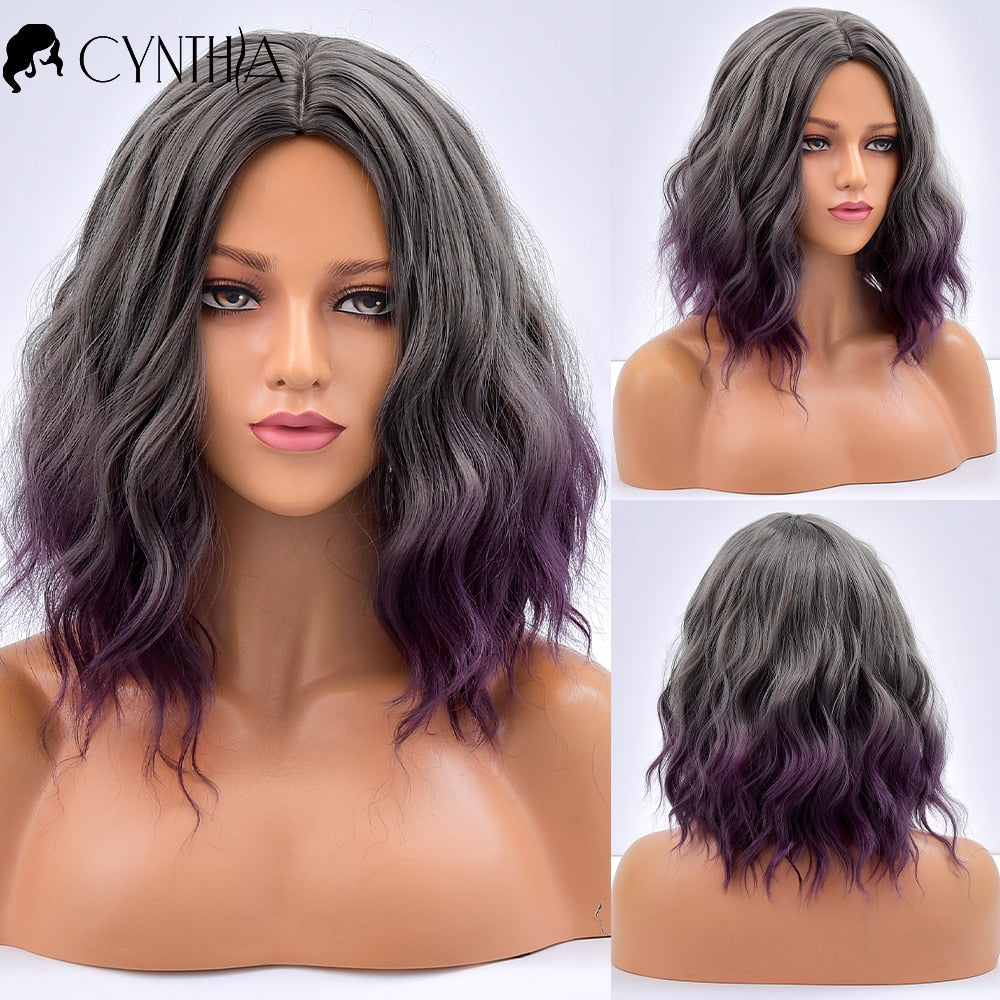 Purple Ombre Short Bob Body Wave Synthetic Wigs For Women Cosplay Wig With Bangs White Synthet Natural Hair Lolita Pelucas