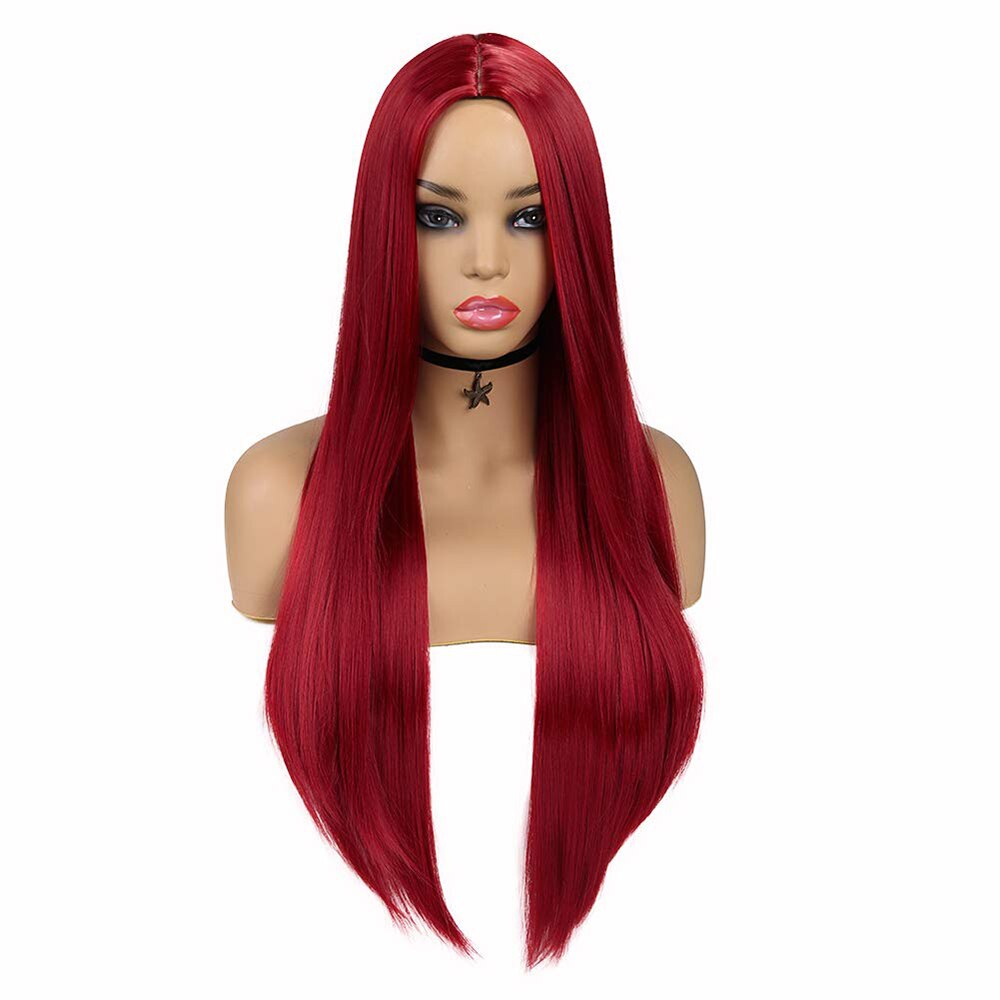 26-Inch Long Red Women Mid-Point Straight Hair Wig Role Play Undyed Pure Red Daily Wear Heat-Resistant Synthetic Wig