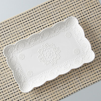 10inch white embossed porcelain vintage plate for buffet serving, ceramic japanese plates sushi dinnerware square