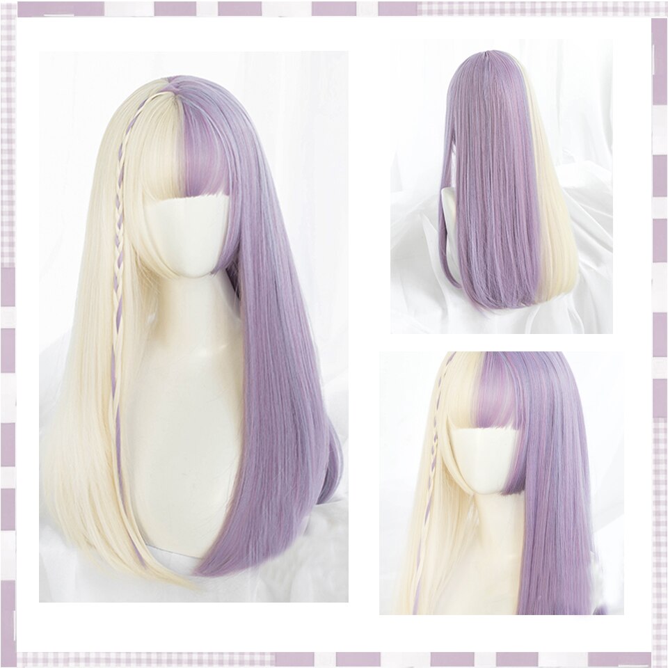Long Straight Wig with Bangs Purple-White Heat Resistant Synthetic Hair Wigs for African American Girl Lolita Cosplay Wig