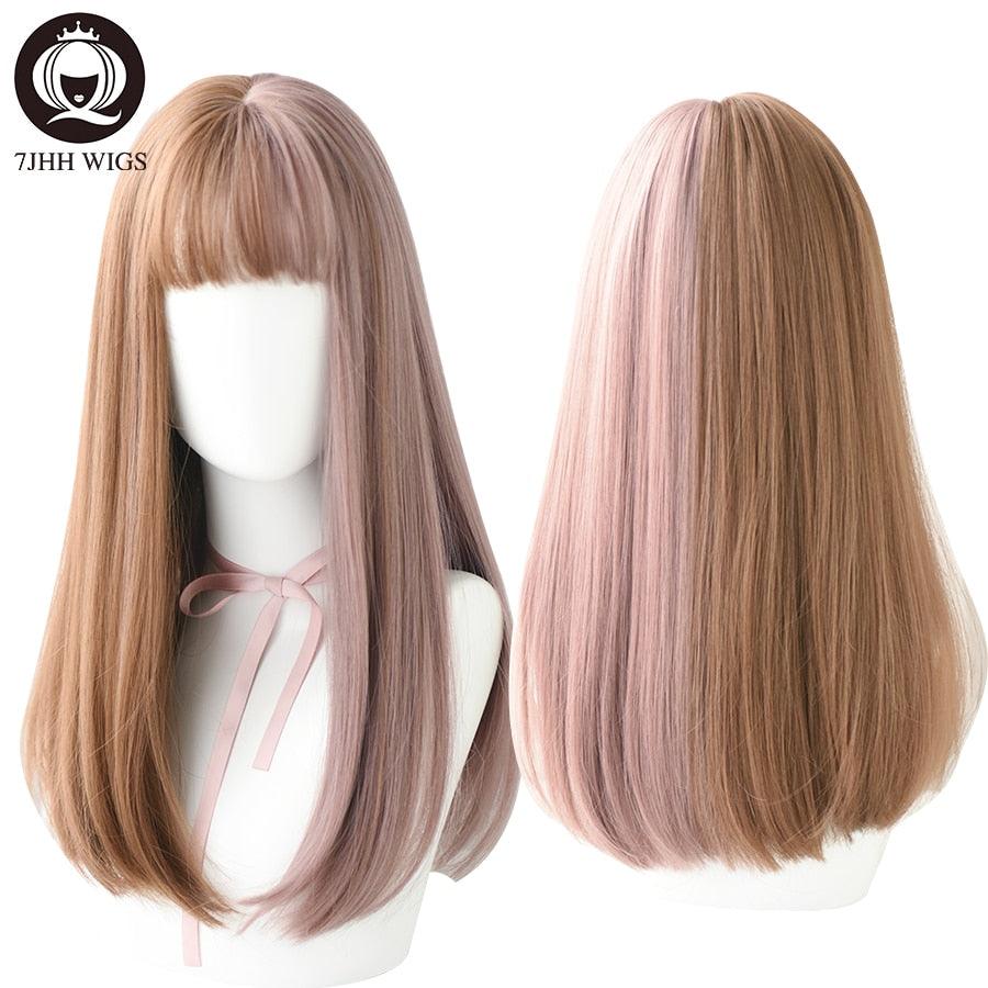 Long Remy Wig With Bangs Ombre Black Brown Synthetic Lolita Wig For Women Wire Heat Resistant Cosplay Wig