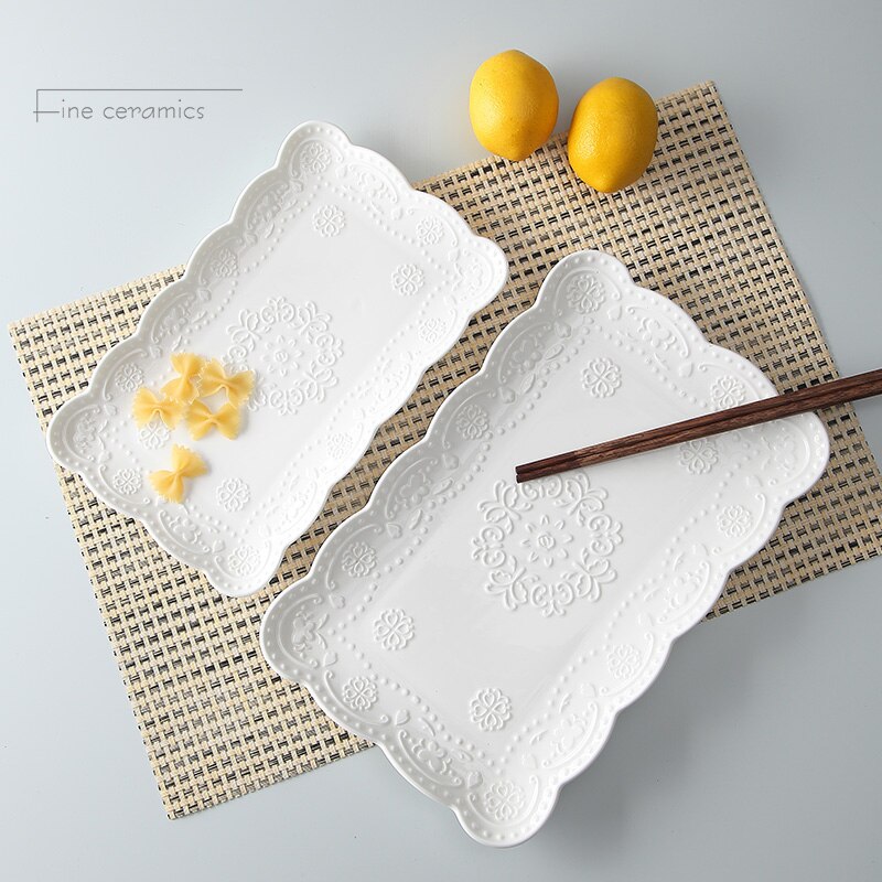 10inch white embossed porcelain vintage plate for buffet serving, ceramic japanese plates sushi dinnerware square