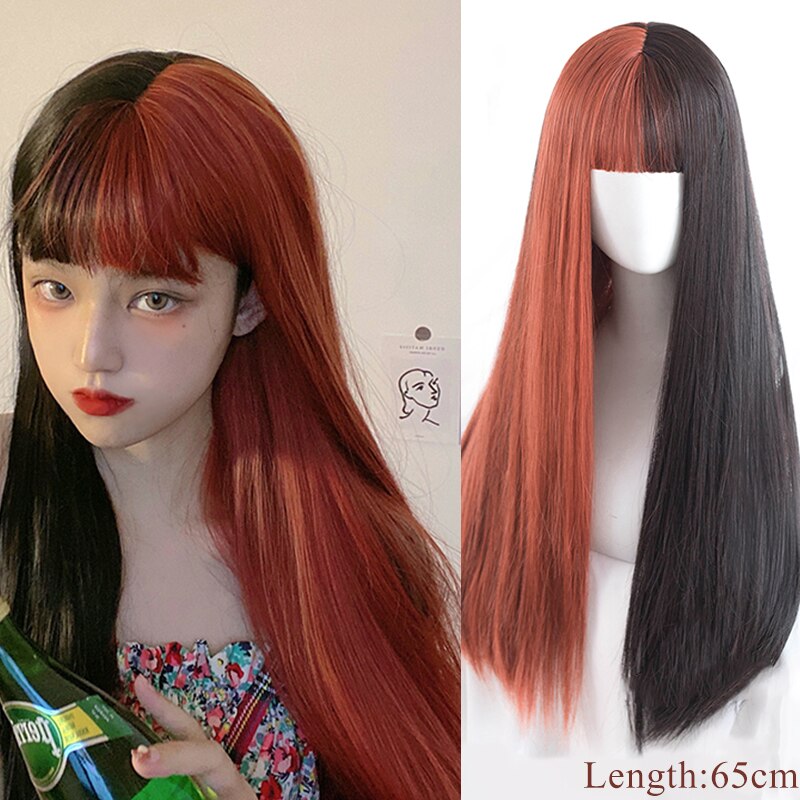 Synthetic Hair Black and Pink Wig Long Straight Hair Cosplay Lolita Wig Two Tone Ombre Color Women Heat Resistant Wigs