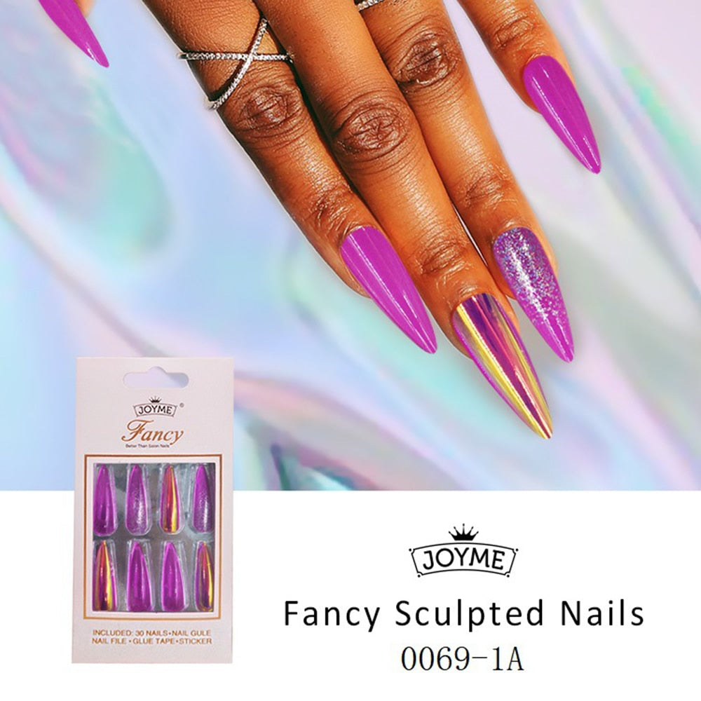 24/30Pcs Pink Leopard Designs False Nails French Long Coffin Fake Nail Artificial Full Cover Nail Art Tips Press on Nail