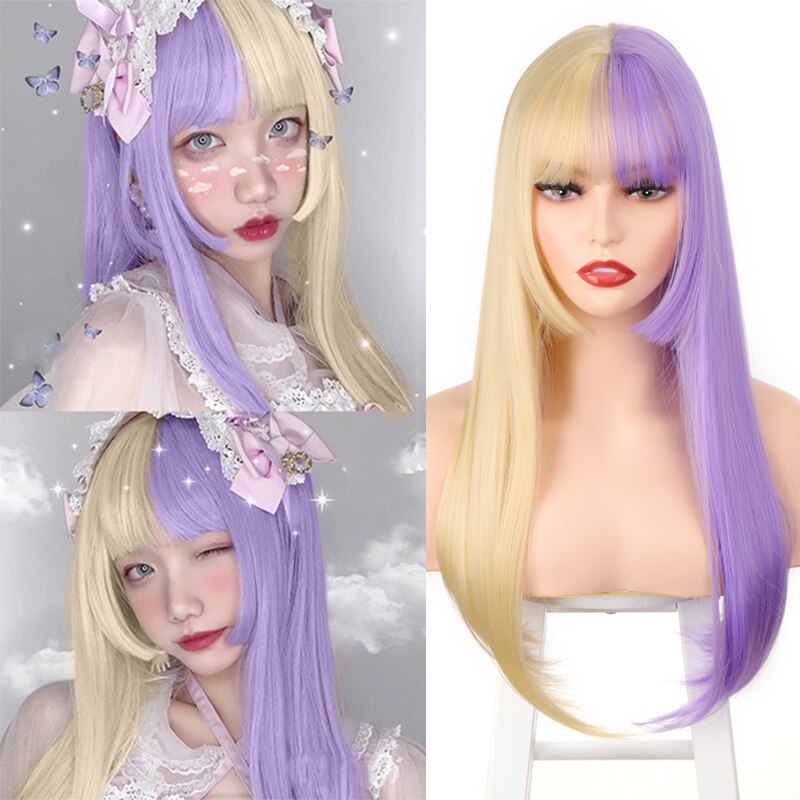Synthetic Hair Black and Pink Wig Long Straight Hair Cosplay Lolita Wig Two Tone Ombre Color Women Heat Resistant Wigs