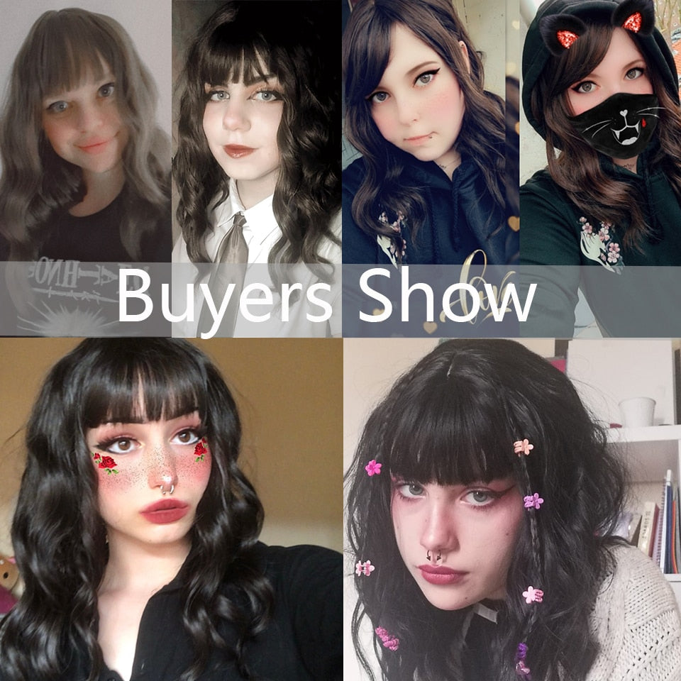 Synthetic Wigs For Women Daily Cosplay Long Water Wave  Lolita Wig With Bangs Cold Brown Heat Resistant Hair Bob Wig