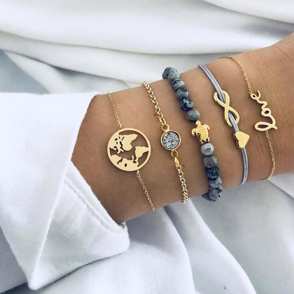 4Pcs/Set Geometric Crystal Charm Bracelets for Women Leaf Bangles Bracelets Set Wrist Chain Boho Bracelet