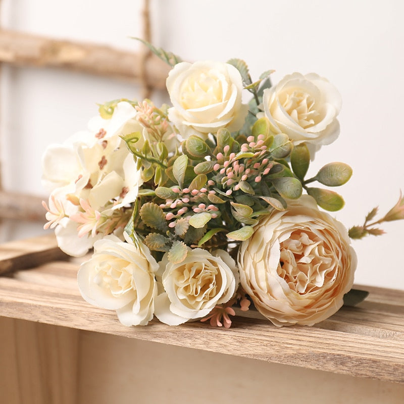 White Silk Artificial Roses Flowers Wedding Home Autumn Decoration High Quality Big Bouquet Luxury Fake Flower Arrangement Bulk