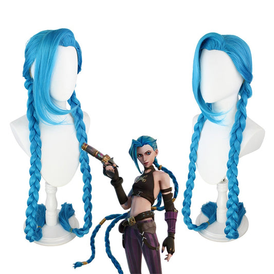 120 Cm 48 Inch LOL League of Legends Jinx Cosplay Blue Braided Double Ponytail Synthetic Wig Anime Twins Battle Explosion Wig