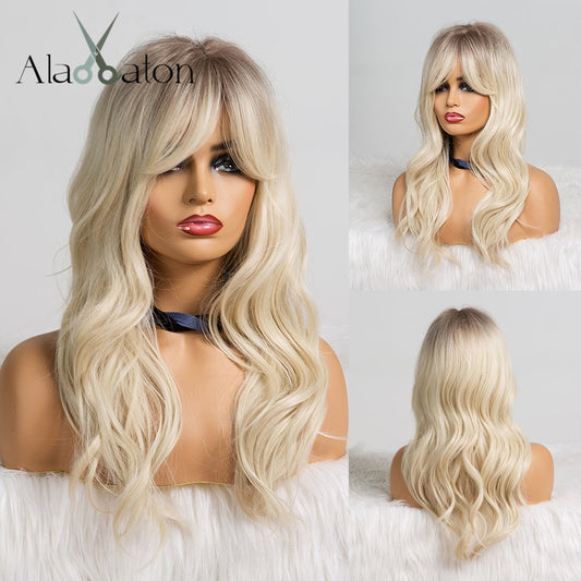 Long Ombre Black Brown Blonde Wigs with Bangs Heat Resistant Synthetic Wave Wigs Cosplay