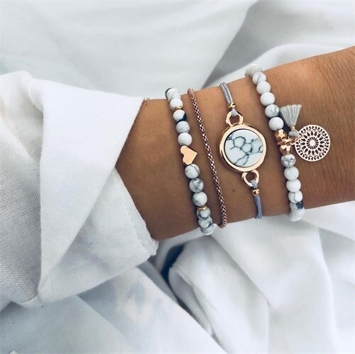 4Pcs/Set Geometric Crystal Charm Bracelets for Women Leaf Bangles Bracelets Set Wrist Chain Boho Bracelet