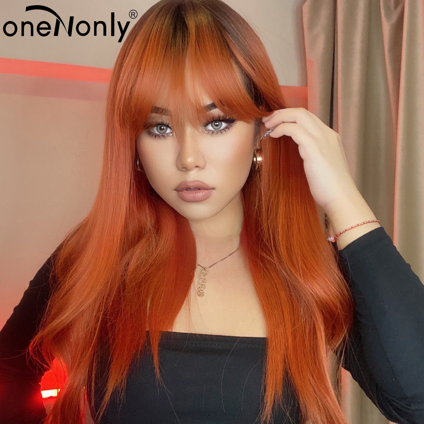 Orange Ginger Wig Female Long Wavy Women Wigs Natural Cosplay Lolita Daily Hair with Bangs Heat Resistant Fiber