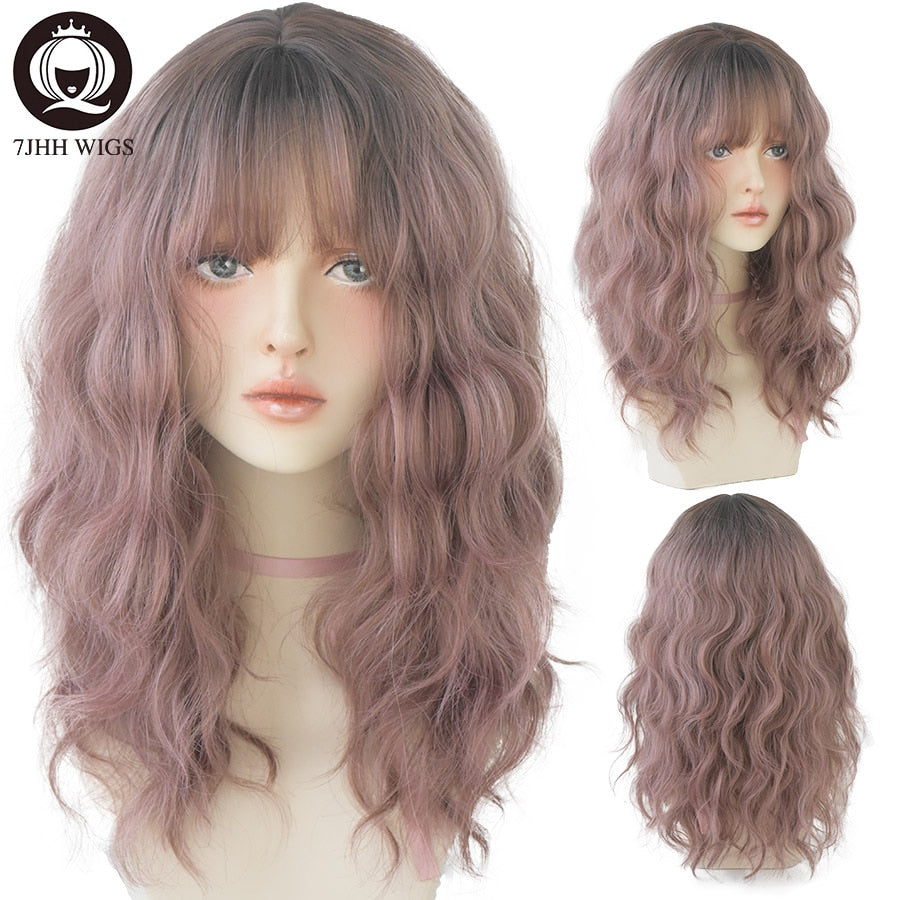 Blue Deep Wave Wig With Bangs Long Omber Brown Hair Layered Heat Resistant Cosplay Party Synthetic Wig