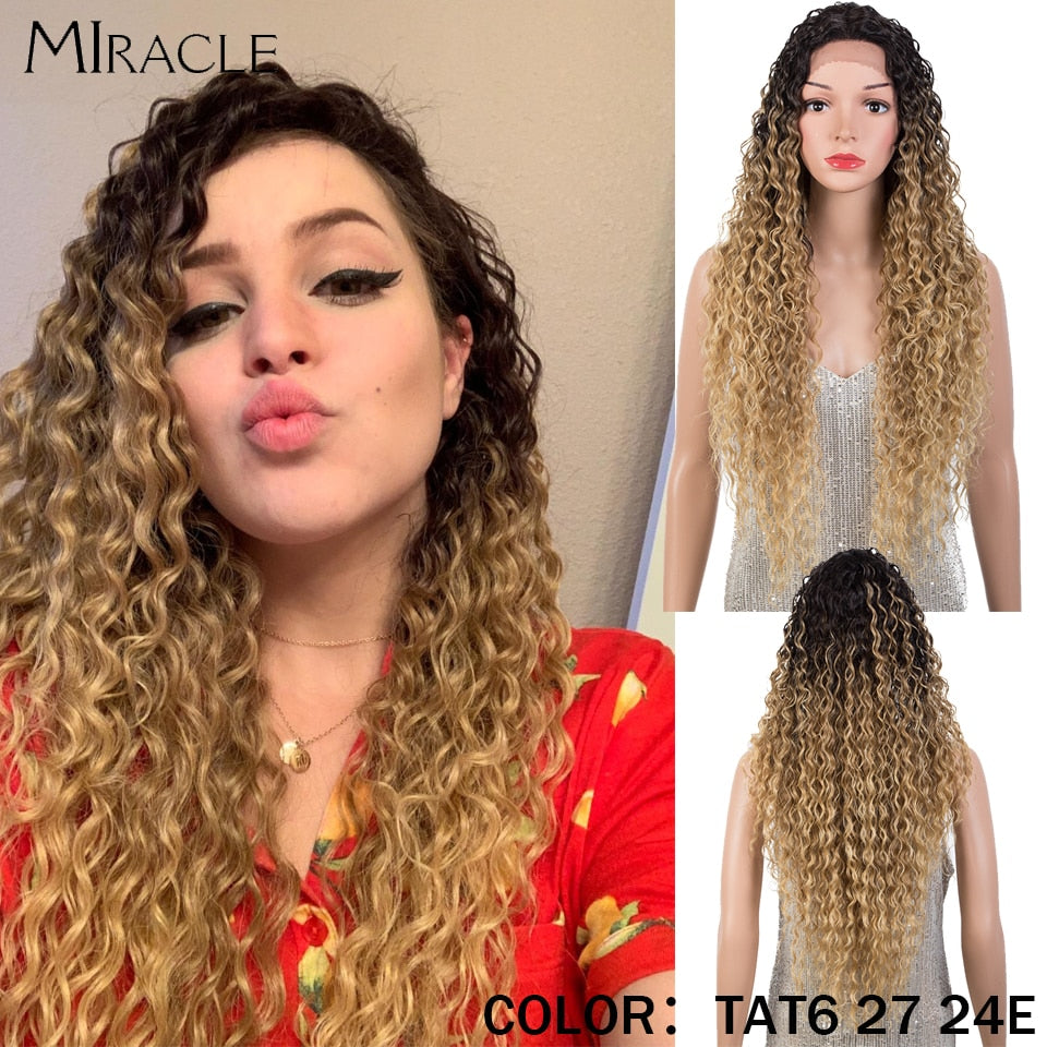 Synthetic Lace Wig Curly 30Inch Afro Kinky Curly Lace Natural Wave Blonde Wig High Temperature Fiber Hair