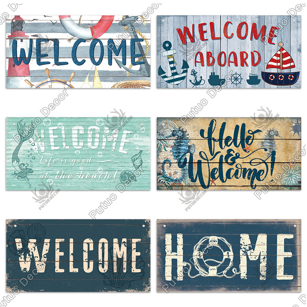 Putuo Decor Beach Home Signs Wood Wall Plaque Wooden Signs Welcome Decor Hanging Plate for Beach House Home Bedroom Tent Decor