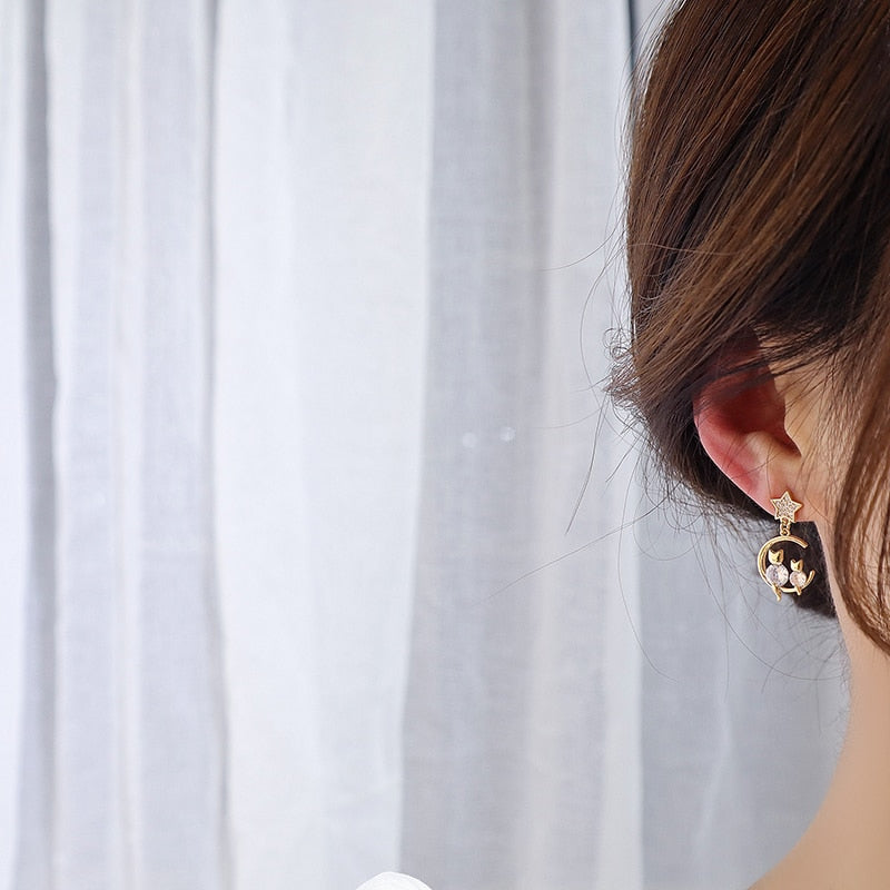 Cute Little Cat Shine Diamond Earring Zircon 14K Real Gold Stud Earring Daily Anniversary Star Jewelry Pendant