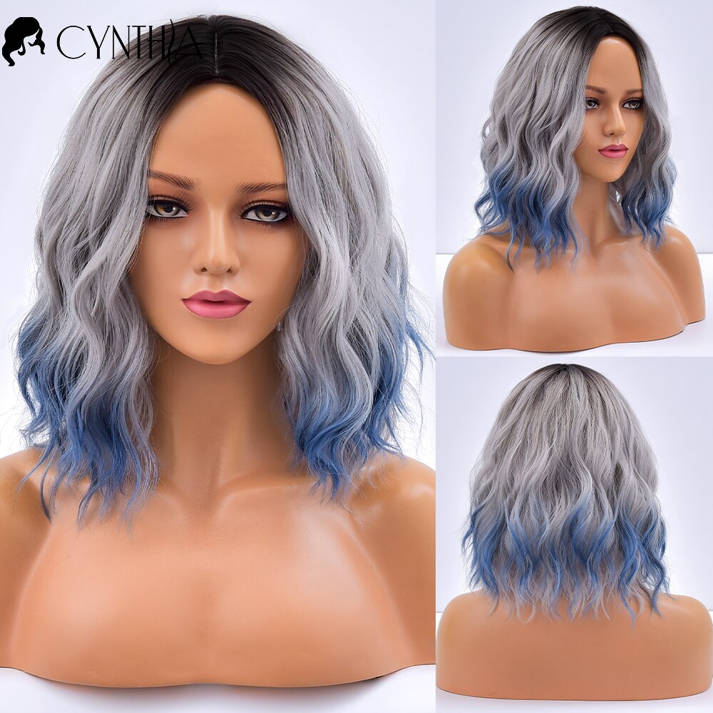 Purple Ombre Short Bob Body Wave Synthetic Wigs For Women Cosplay Wig With Bangs White Synthet Natural Hair Lolita Pelucas