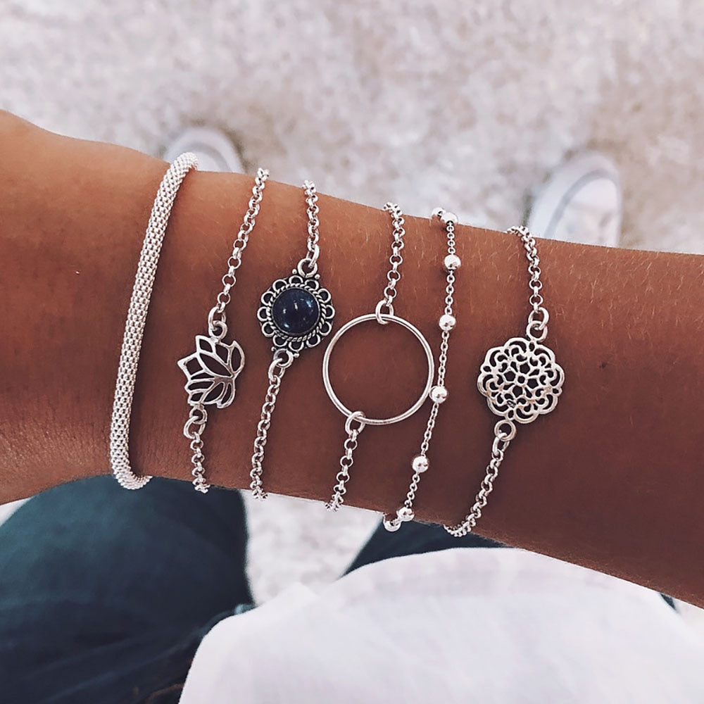 4Pcs/Set Geometric Crystal Charm Bracelets for Women Leaf Bangles Bracelets Set Wrist Chain Boho Bracelet