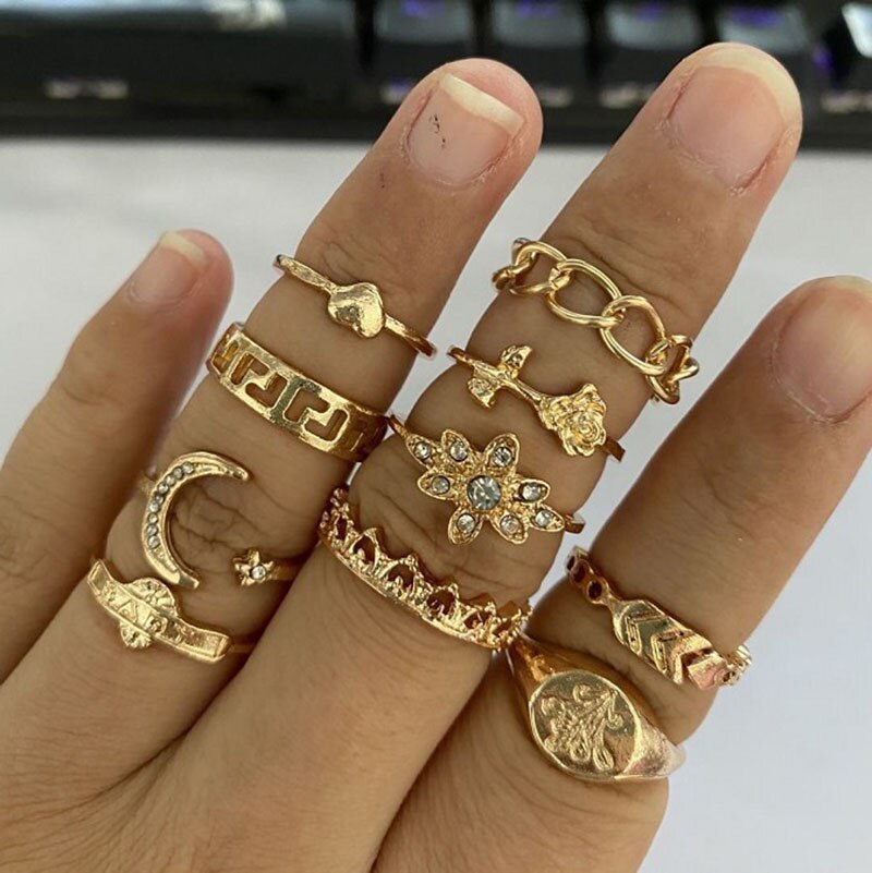 Vintage Rings Set For Women Boho Moon Star Knuckle Finger Ring Female Bohemian Gold Silver Color Jewelry Accessories