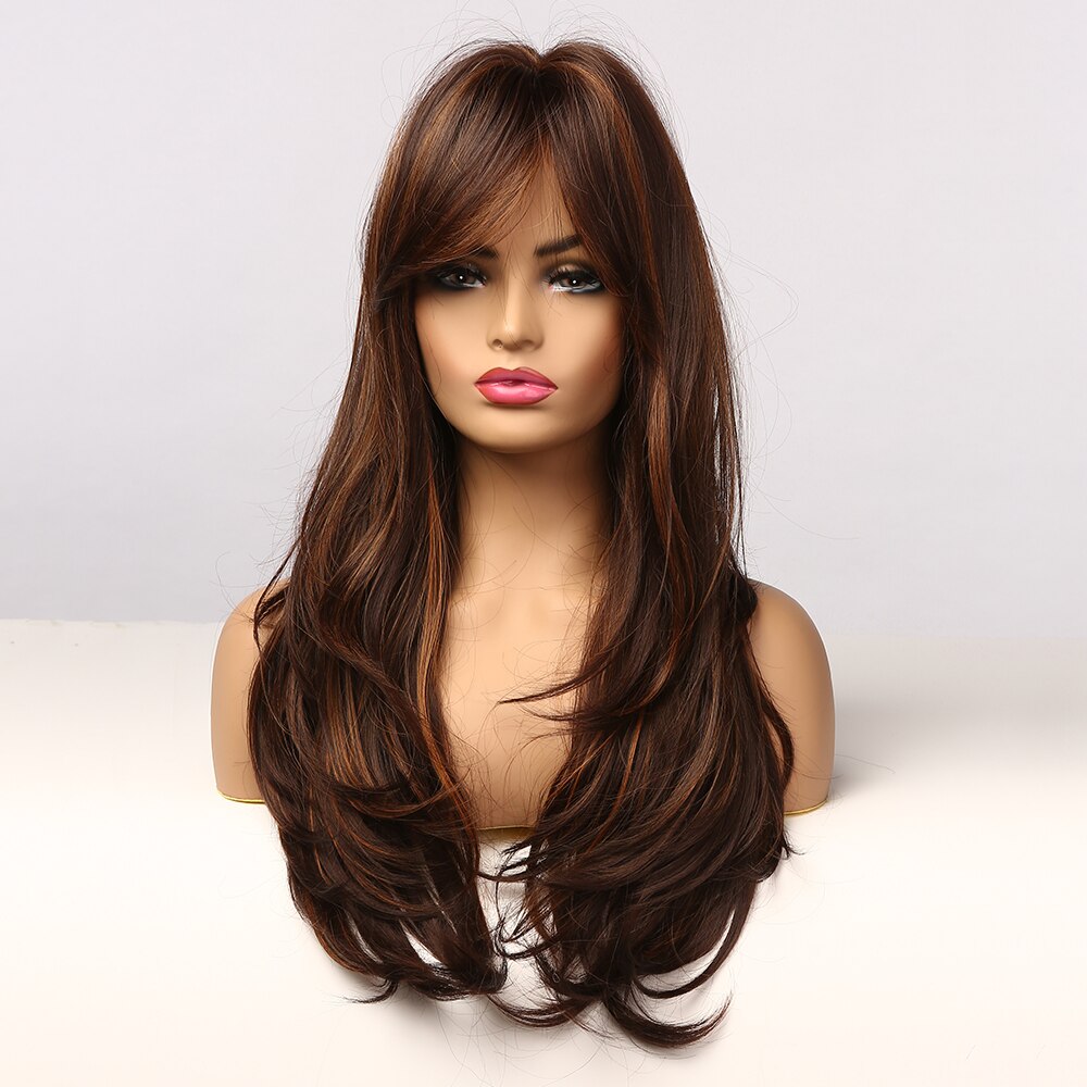 Synthetic Long Wavy Dark Brown Golden Highlight Wig Cosplay Wig with Bangs Heat Resistant