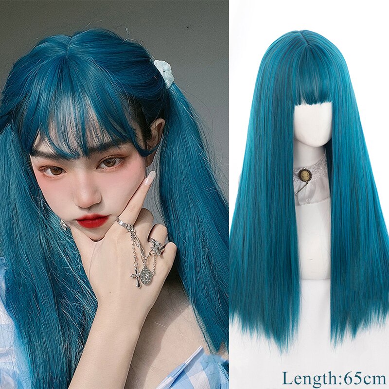 Synthetic Hair Black and Pink Wig Long Straight Hair Cosplay Lolita Wig Two Tone Ombre Color Women Heat Resistant Wigs