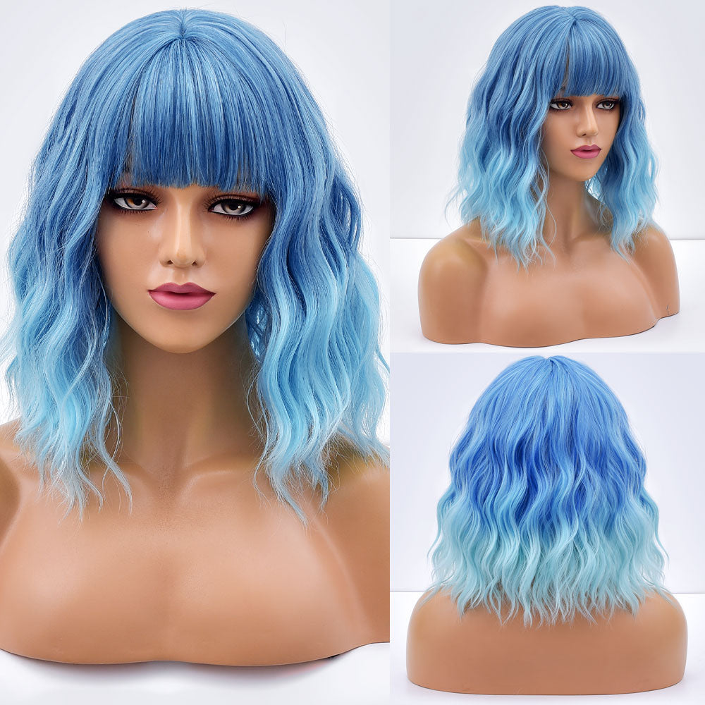 Short Bob Synthetic Wig Ombre Pink Water Wave Hair Wigs With Bangs Cosplay Lolita Heat Resistant Natural Hair