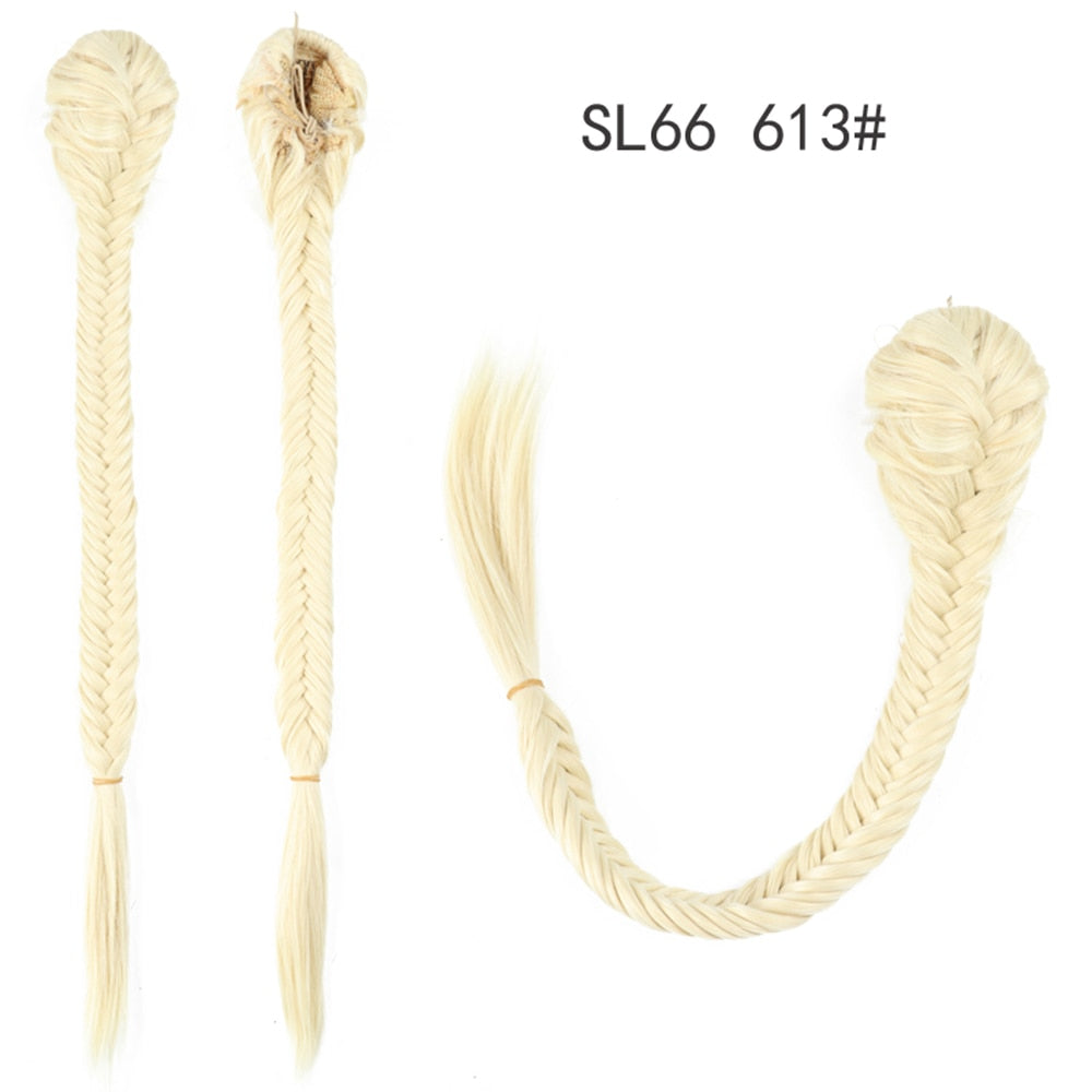 Synthetic Heat Resistant Braided Fishtail Fishbone Drawstring Ponytail Hairpiece Blonde Hair Extensions For Woman