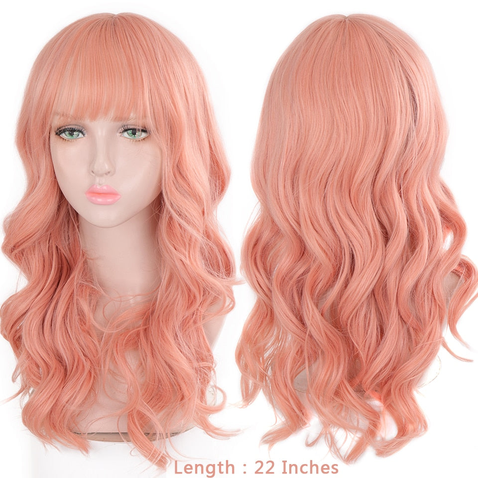 Synthetic Wigs For Women Daily Cosplay Long Water Wave  Lolita Wig With Bangs Cold Brown Heat Resistant Hair Bob Wig