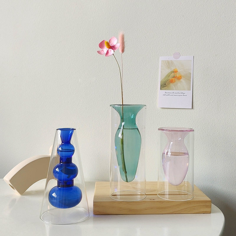 Vase Living Room Decoration Modern Home Decor Terrarium Flower Pots Decorative Transparent Color Art Double Glass Vase