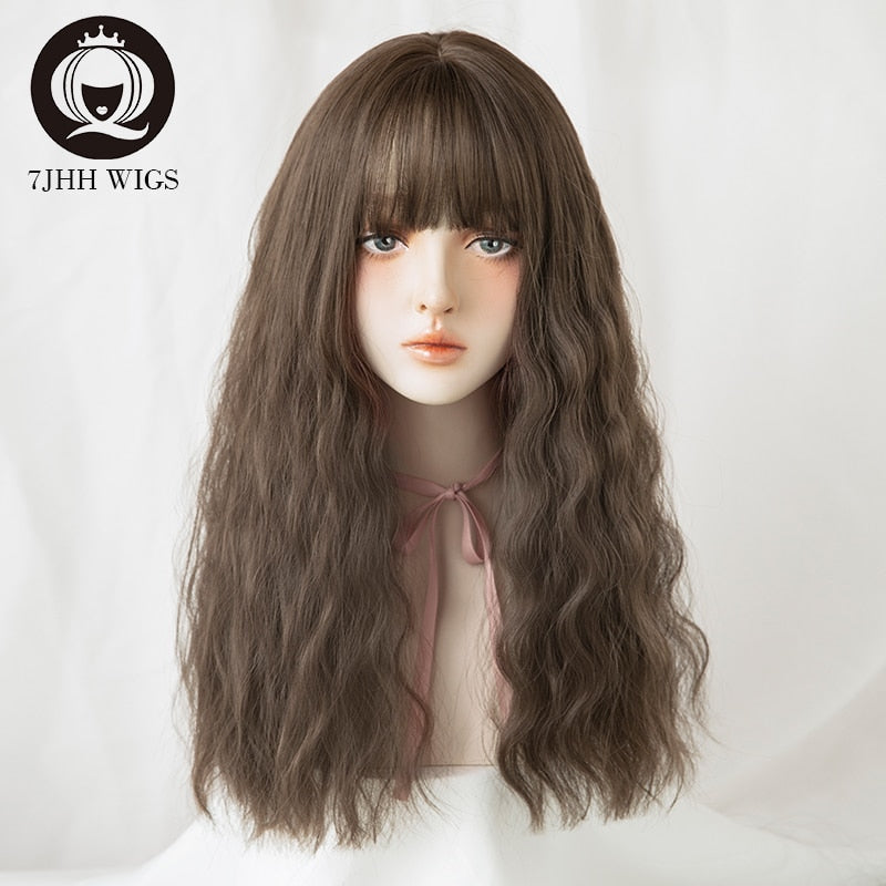 Blue Deep Wave Wig With Bangs Long Omber Brown Hair Layered Heat Resistant Cosplay Party Synthetic Wig