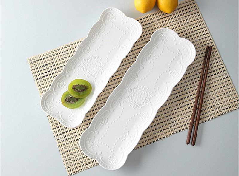 10inch white embossed porcelain vintage plate for buffet serving, ceramic japanese plates sushi dinnerware square