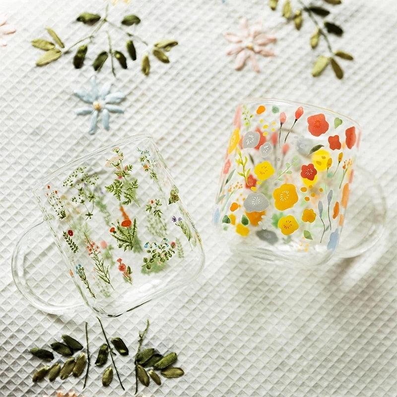 Cartoon Flower Coffee Mug Glass Water Cup Handgrip Milk Breakfast Drinkware Cup