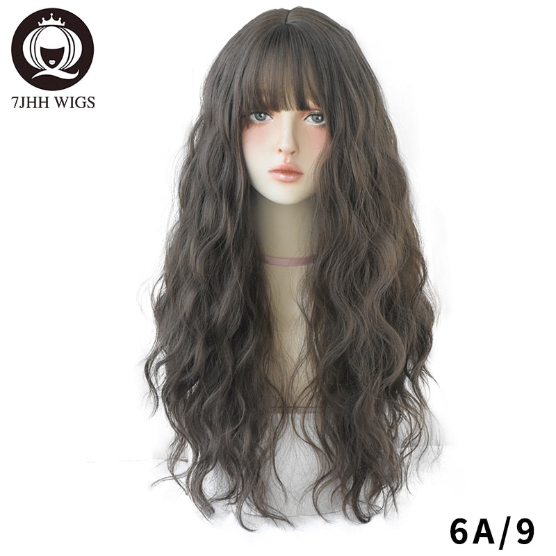 Blue Deep Wave Wig With Bangs Long Omber Brown Hair Layered Heat Resistant Cosplay Party Synthetic Wig