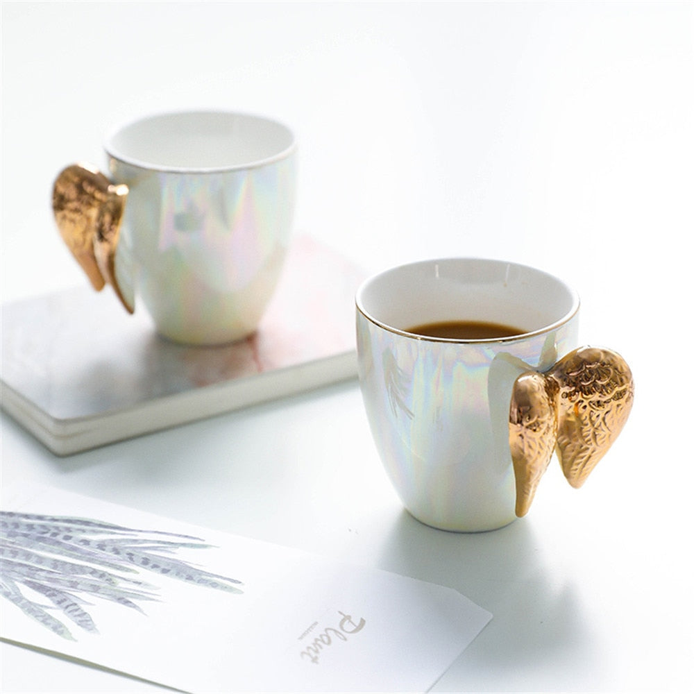 Luxury Ceramic Cup With Angel Wings Handle Gold Plated Creative Cup Coffee Breakfast Milk Drink Tea Mug 1pc
