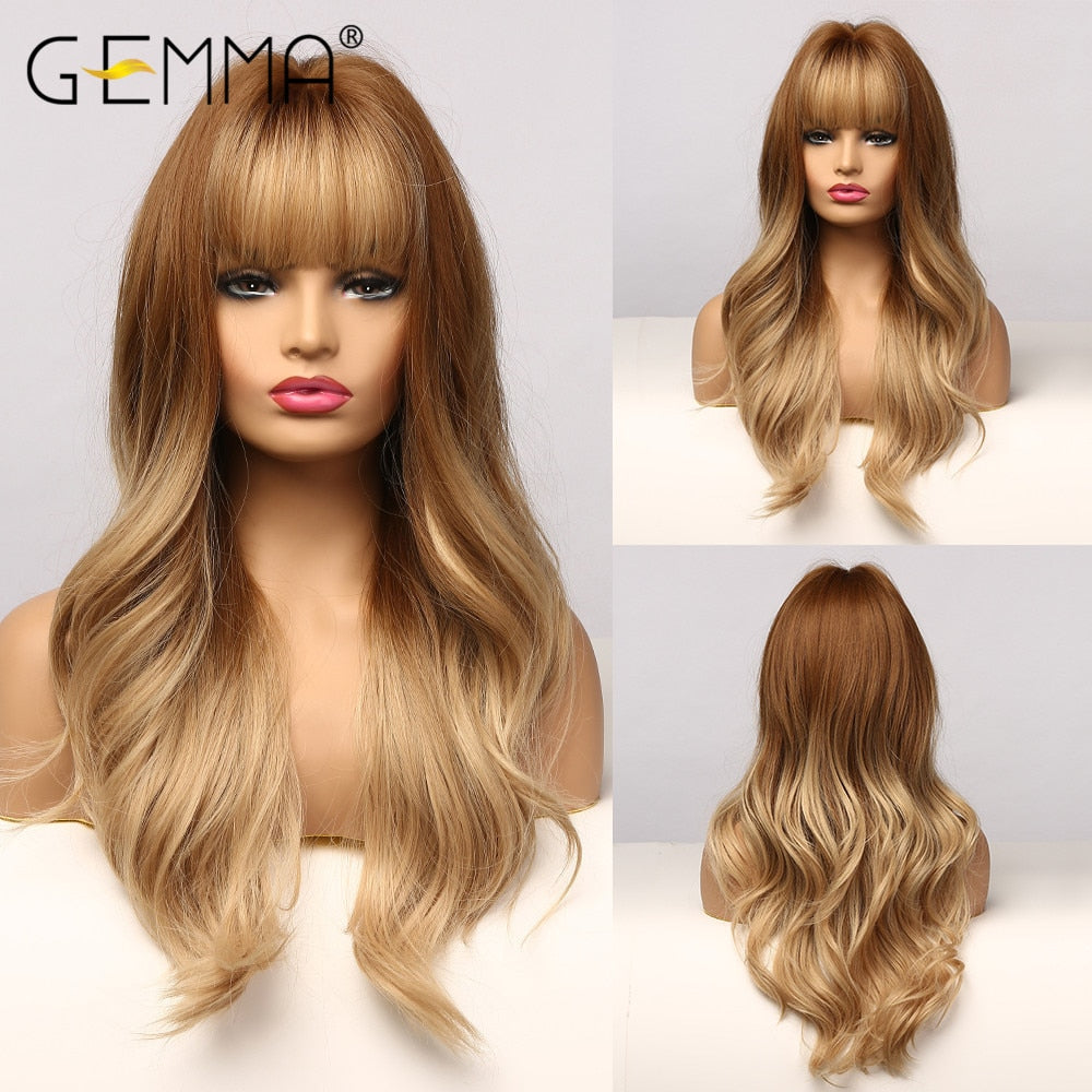 Synthetic Long Wavy Dark Brown Golden Highlight Wig Cosplay Wig with Bangs Heat Resistant