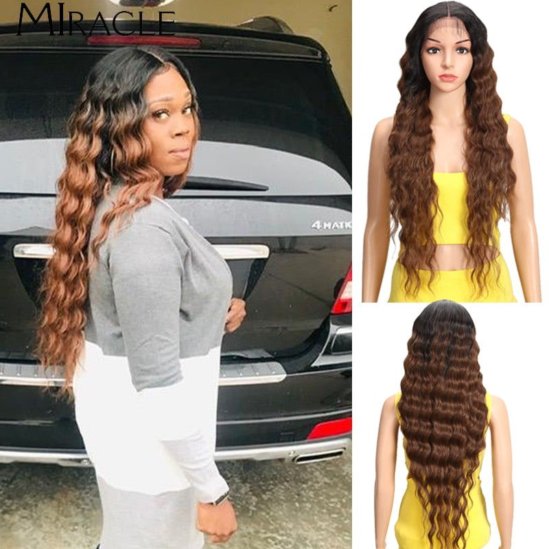 Synthetic Lace  Wig For Women Deep Wave Curly Wig Blonde Cosplay Wig 30 Inch Ombre Lace Wigs Fiber Miracle