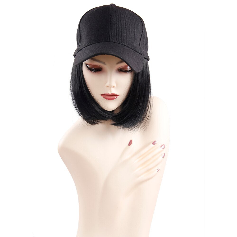 Baseball Cap Short Wigs Heat Resistant Fiber Black Hair Wig With Hat Peruca Synthetic Bob Wig Curly Wig