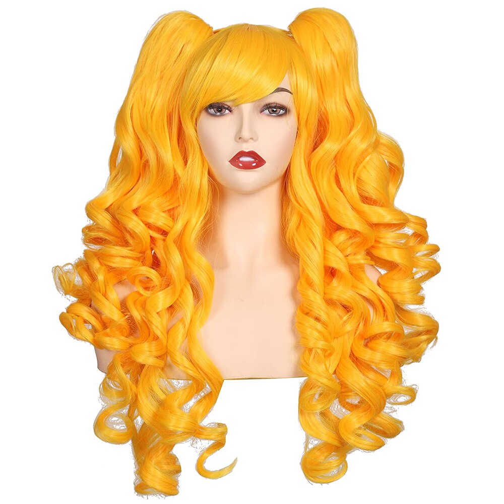 Long Curly Hair Ponytail Lolita Cosplay Lady Synthetic Wig Double Ponytail Detachable Black Gold Pink Purple Gradient Wig
