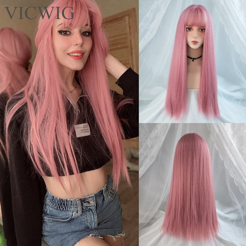 Cosplay Wig With Bangs Synthetic Straight Hair 24 Inch Long Heat-Resistant Pink Wig