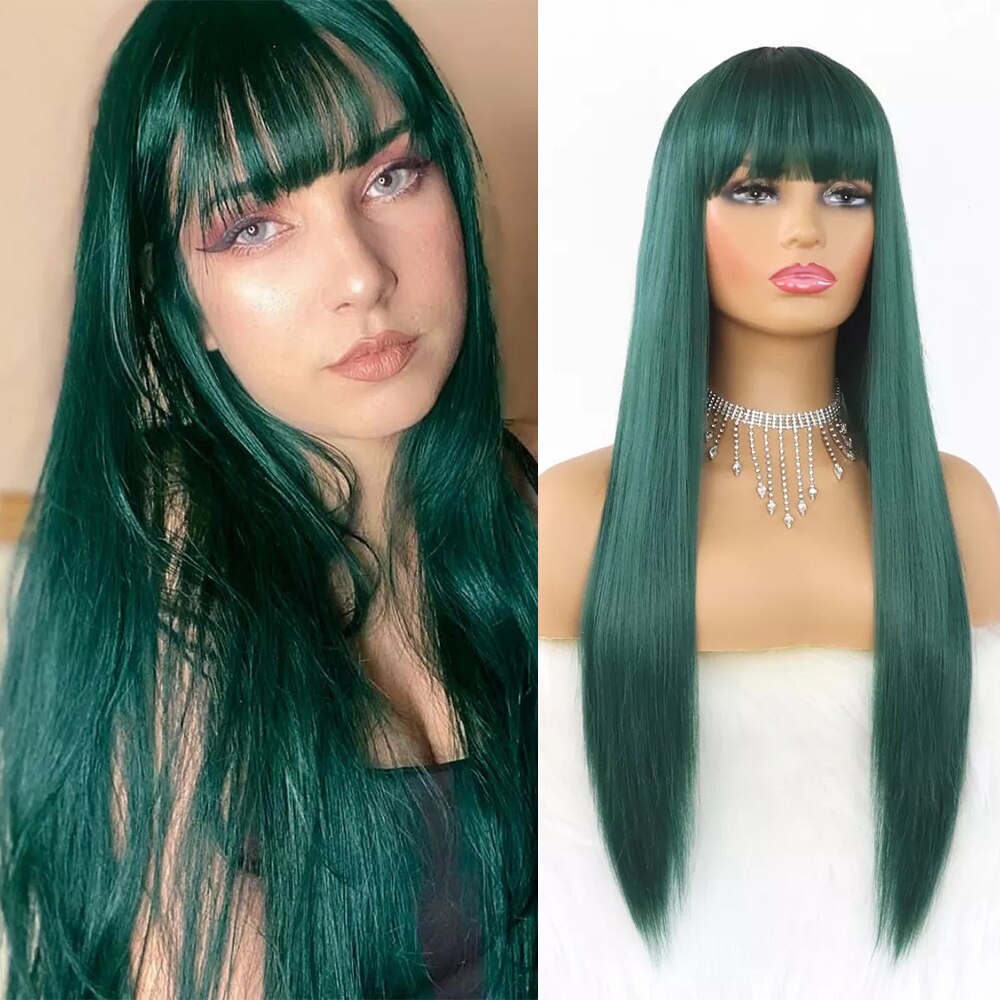 Long Straight Green Belt Bangs Ladies Synthetic Wig 26 Inches 65 Cm Cosplay Anime High Temperature And Heat Resistant Fiber Wig