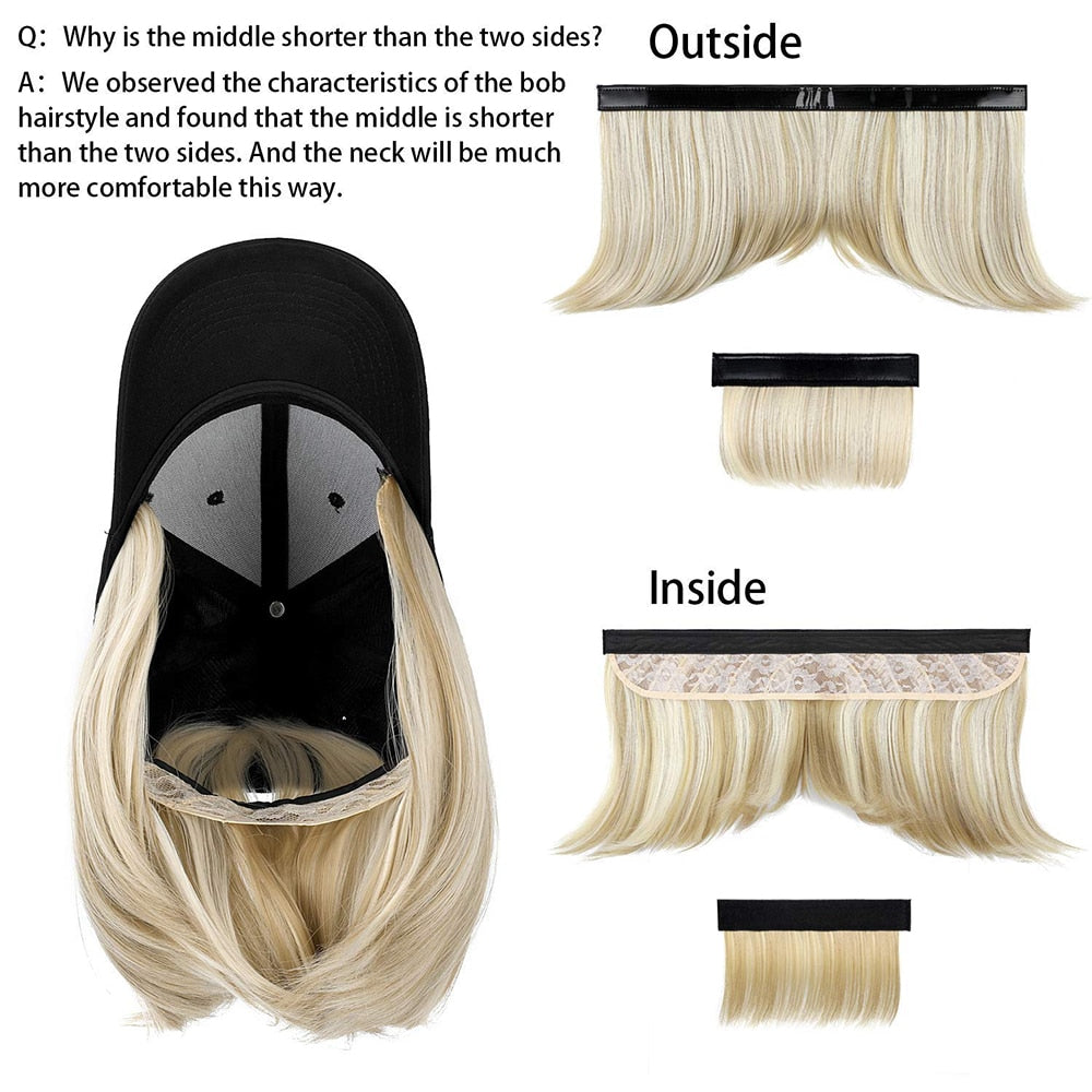 Short Wavy baseball wig Synthetic Natural bob Wig Black hat wigs cap with Hair Naturally Connect Baseball Cap Adjustable